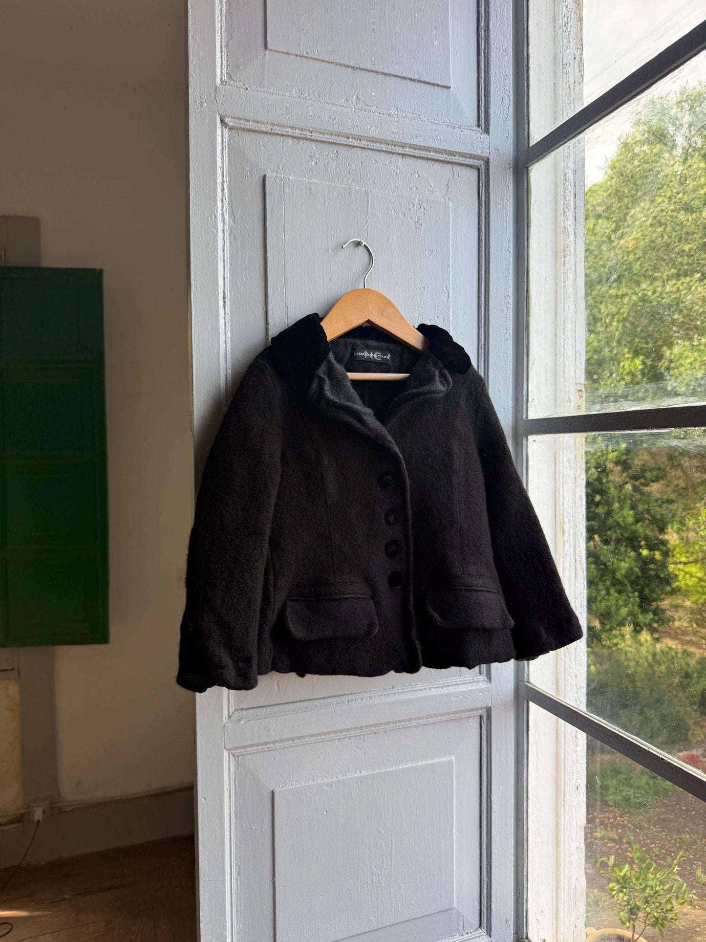 Vintage Felted Wool Jacket, Cropped Black Wool Coat, Parisian Chic Girls Jacket ,Boiled Wool