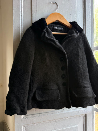 Vintage Felted Wool Jacket, Cropped Black Wool Coat, Parisian Chic Girls Jacket ,Boiled Wool