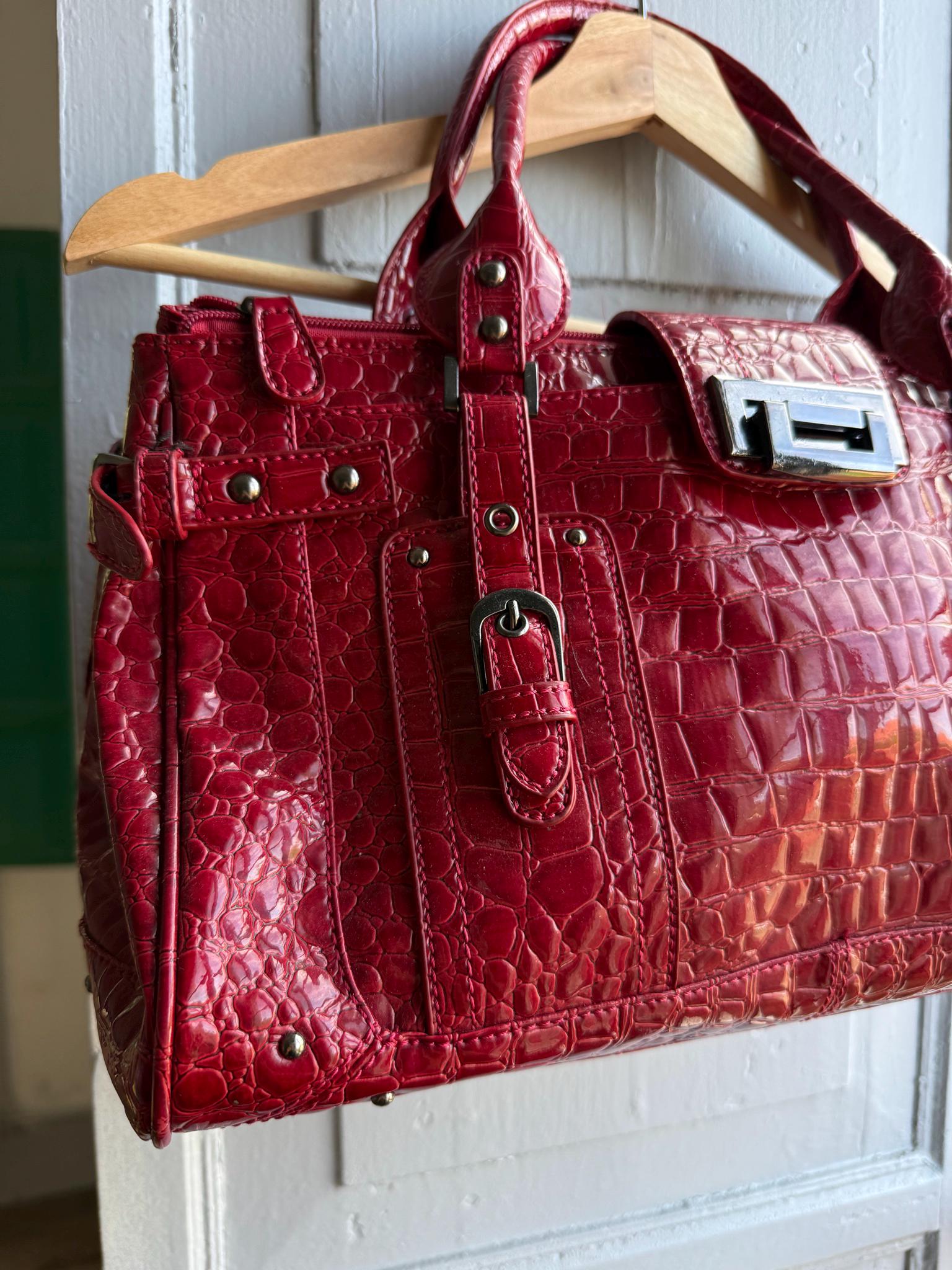Red Patent Handbag, Y2K Croc Embossed Bag, Vintage Glam Shoulder Bag, Statement Purse Women