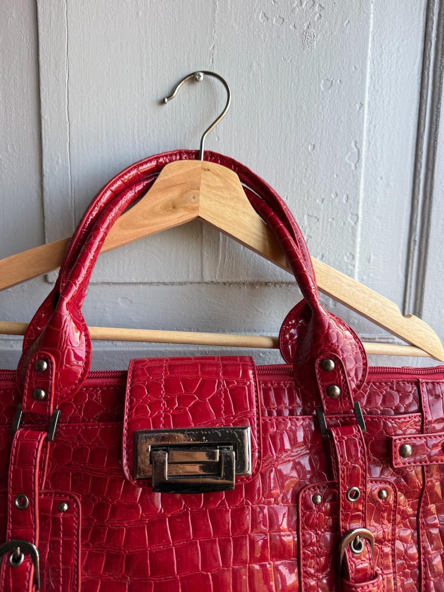 Red Patent Handbag, Y2K Croc Embossed Bag, Vintage Glam Shoulder Bag, Statement Purse Women