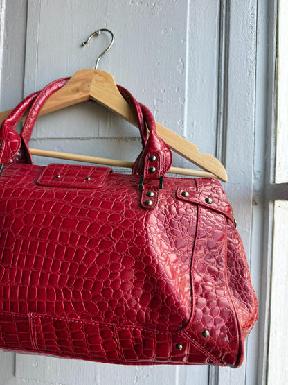 Red Patent Handbag, Y2K Croc Embossed Bag, Vintage Glam Shoulder Bag, Statement Purse Women