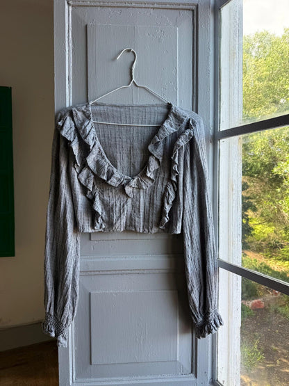 Grey Ruffle Crop Top, Romantic Boho Blouse, Prairie Long Sleeve shirt, Feminine Lightweight Womens S - M