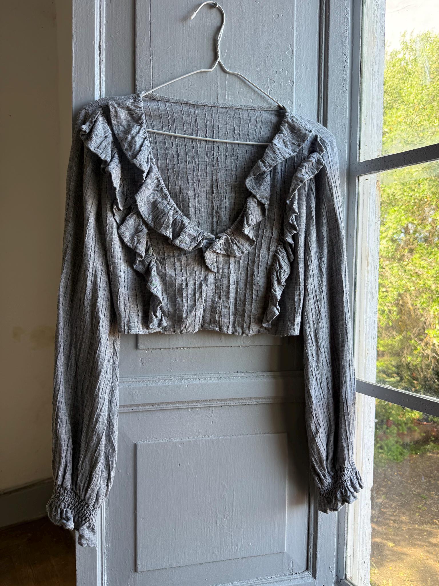 Grey Ruffle Crop Top, Romantic Boho Blouse, Prairie Long Sleeve shirt, Feminine Lightweight Womens S - M
