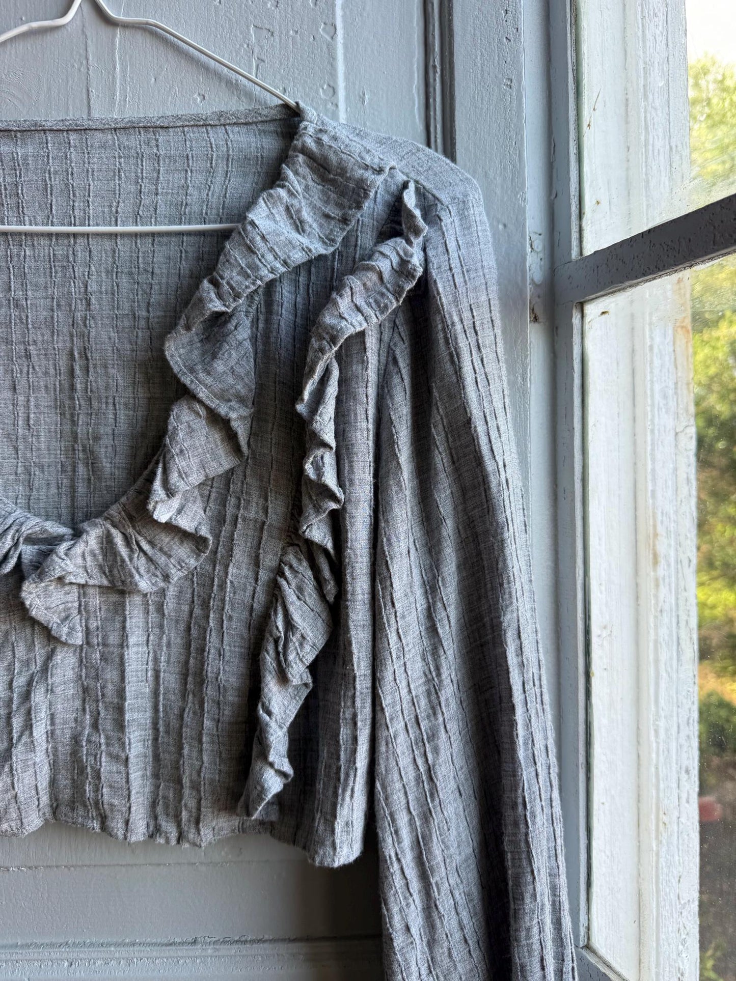 Grey Ruffle Crop Top, Romantic Boho Blouse, Prairie Long Sleeve shirt, Feminine Lightweight Womens S - M