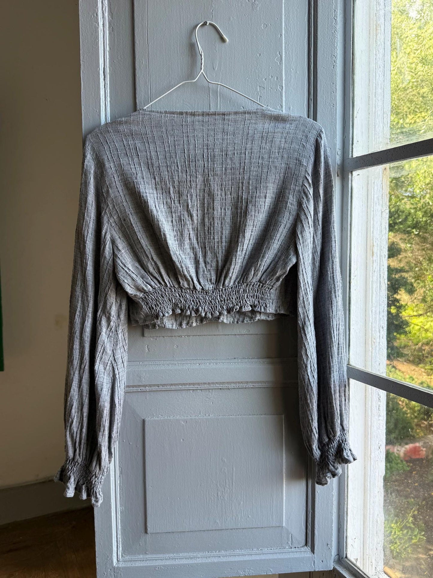 Grey Ruffle Crop Top, Romantic Boho Blouse, Prairie Long Sleeve shirt, Feminine Lightweight Womens S - M