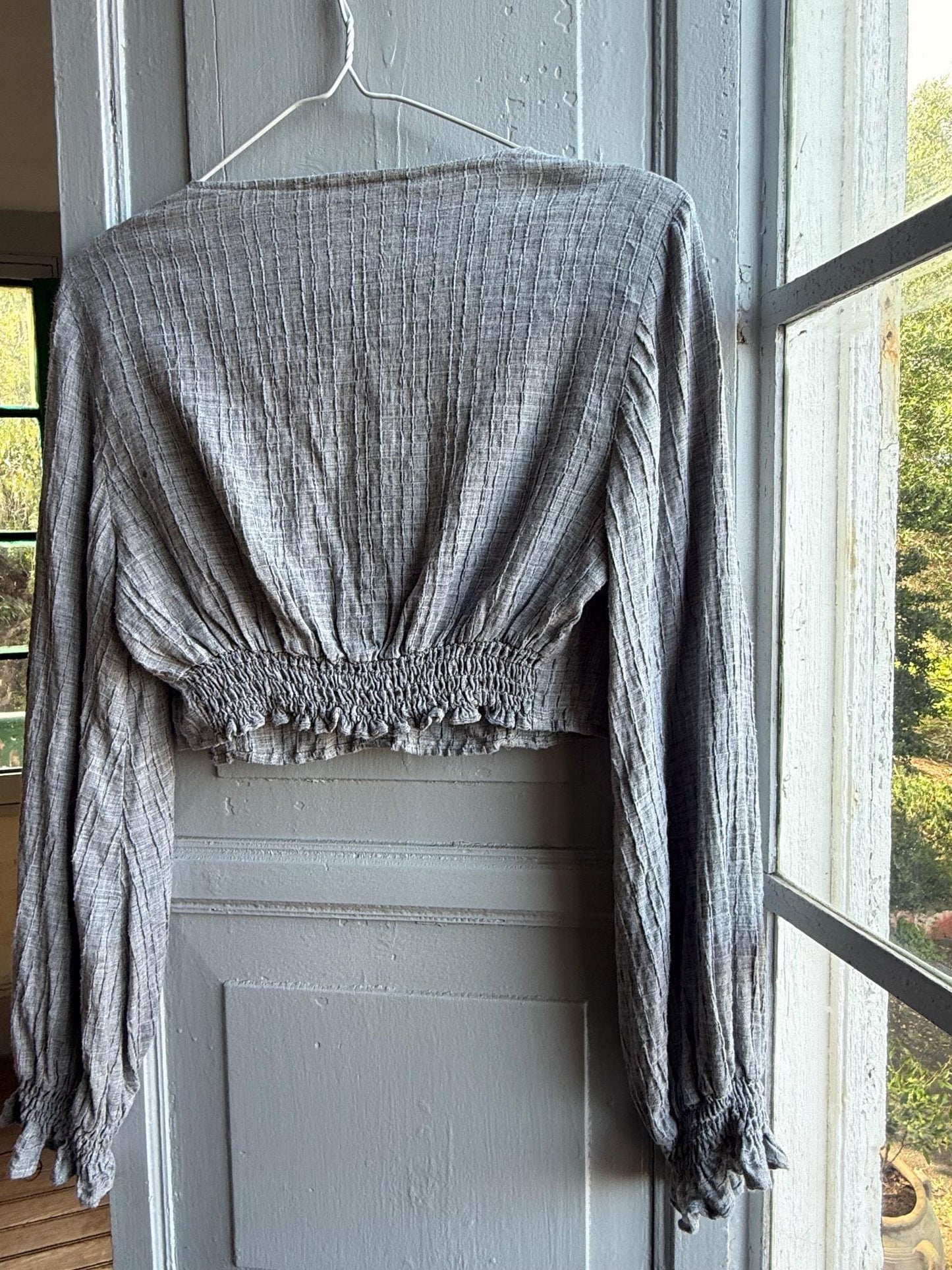 Grey Ruffle Crop Top, Romantic Boho Blouse, Prairie Long Sleeve shirt, Feminine Lightweight Womens S - M