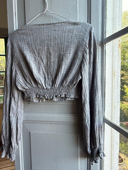 Grey Ruffle Crop Top, Romantic Boho Blouse, Prairie Long Sleeve shirt, Feminine Lightweight Womens S - M