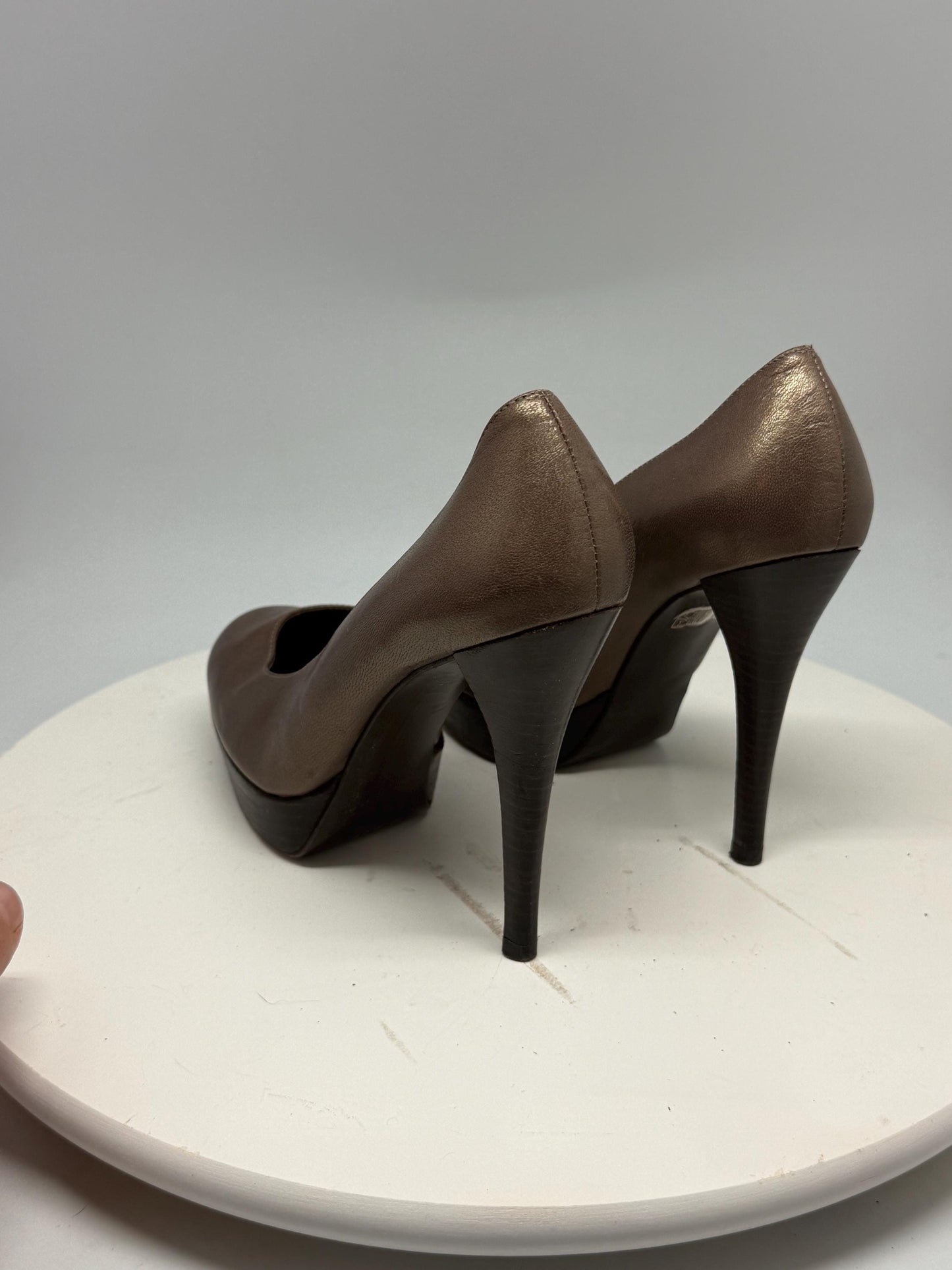 Bronze Leather Platform Pumps — back view