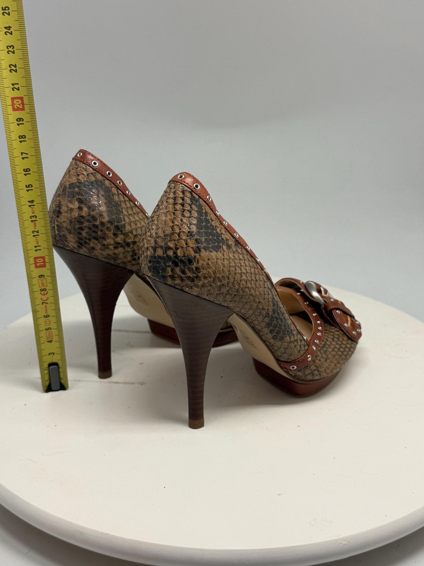 Guess brown snakeskin peep, toe heels, real leather, party wear, size 36