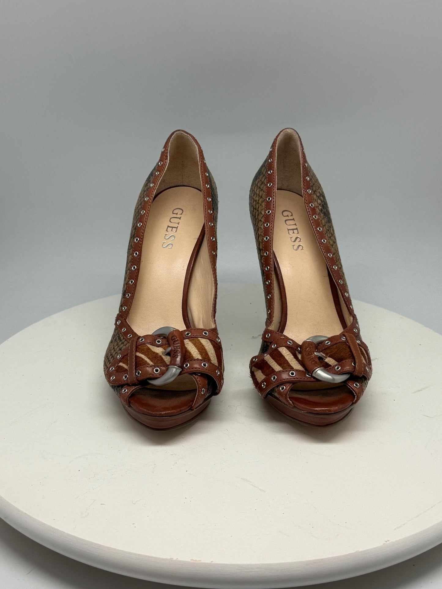 Guess brown snakeskin peep, toe heels, real leather, party wear, size 36