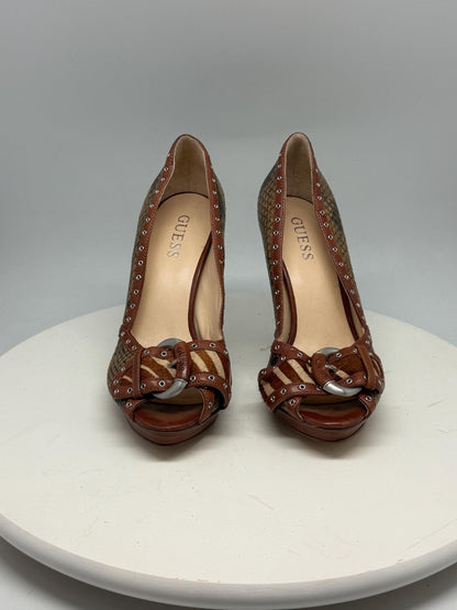 Guess brown snakeskin peep, toe heels, real leather, party wear, size 36