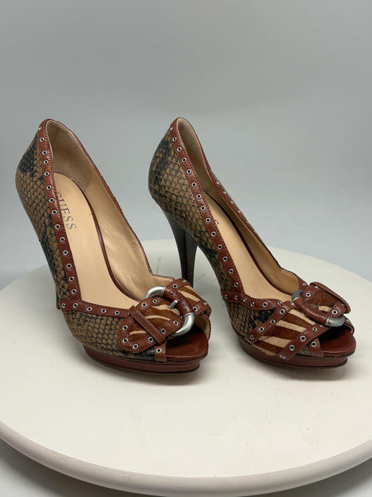 Guess brown snakeskin peep, toe heels, real leather, party wear, size 36