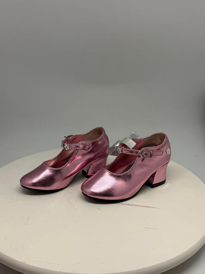 Shiny pink Mary Jane heels, floral embellishments, strap, party wear, size 26