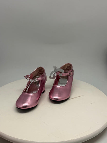 Shiny pink Mary Jane heels, floral embellishments, strap, party wear, size 26