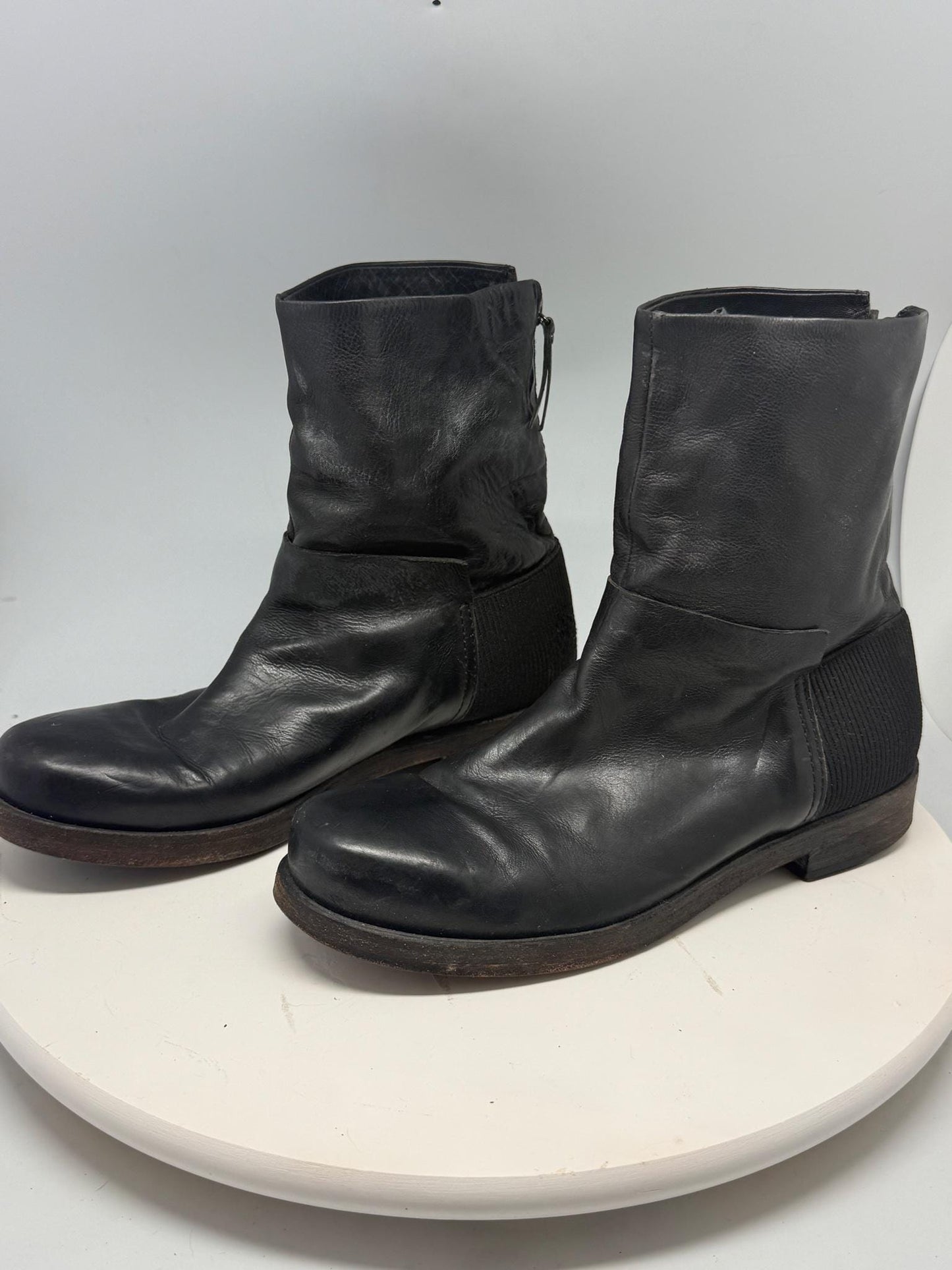 Black Leather Block Heel Ankle Boots — fabric close-up