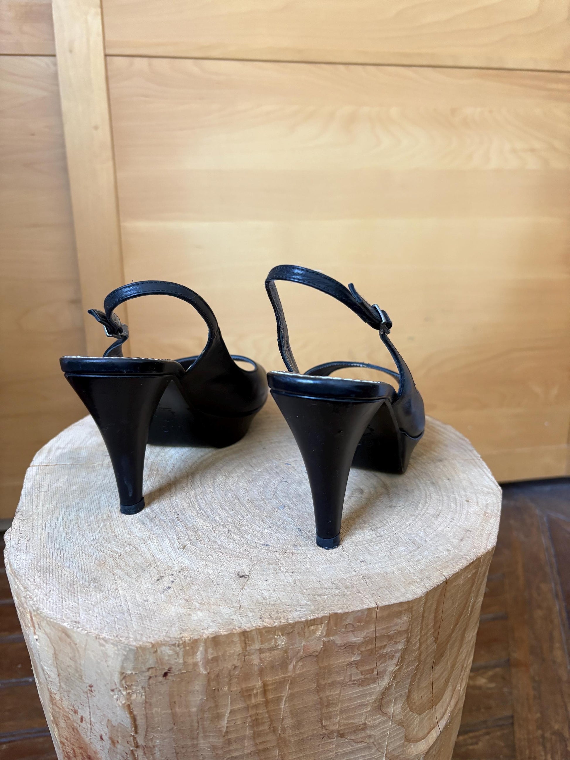 Black Leather Peep Toe Slingback Heels — detail