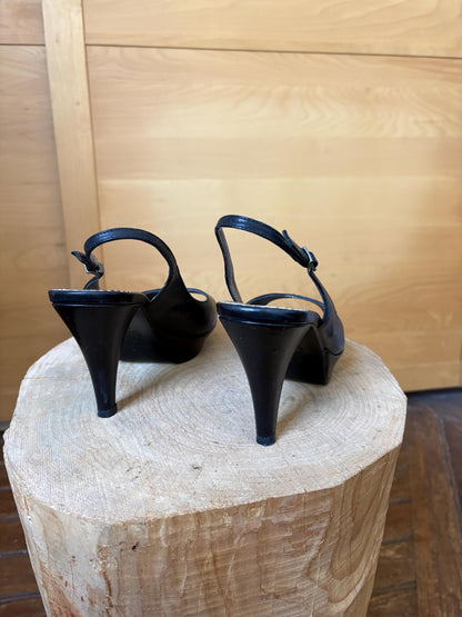 Black Leather Peep Toe Slingback Heels — detail