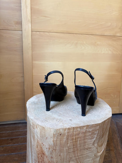 Black Leather Peep Toe Slingback Heels — back view