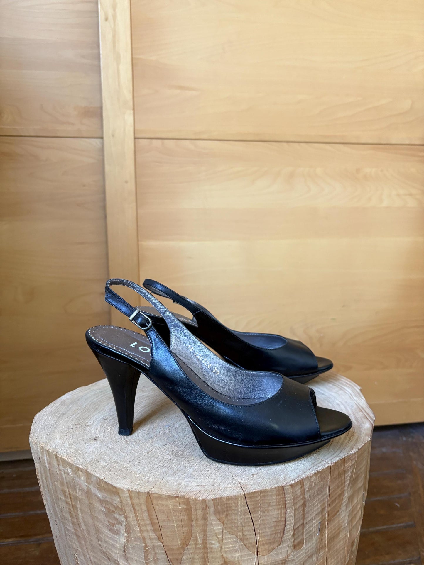 Black Leather Peep Toe Slingback Heels — additional view 11