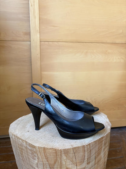 Black Leather Peep Toe Slingback Heels — additional view 11