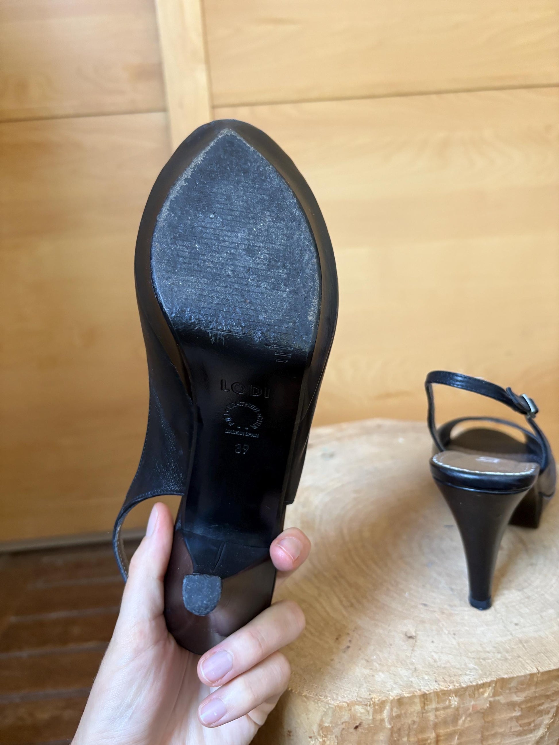 Black Leather Peep Toe Slingback Heels — additional view 7