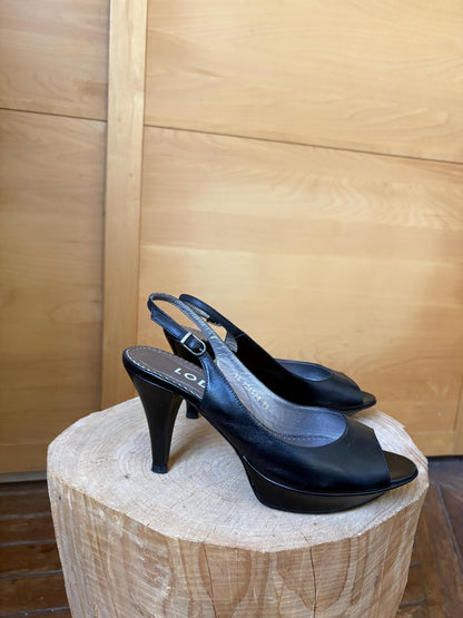 Black Leather Peep Toe Slingback Heels — additional view 6