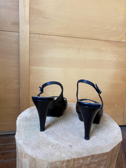 Black Leather Peep Toe Slingback Heels — additional view 8