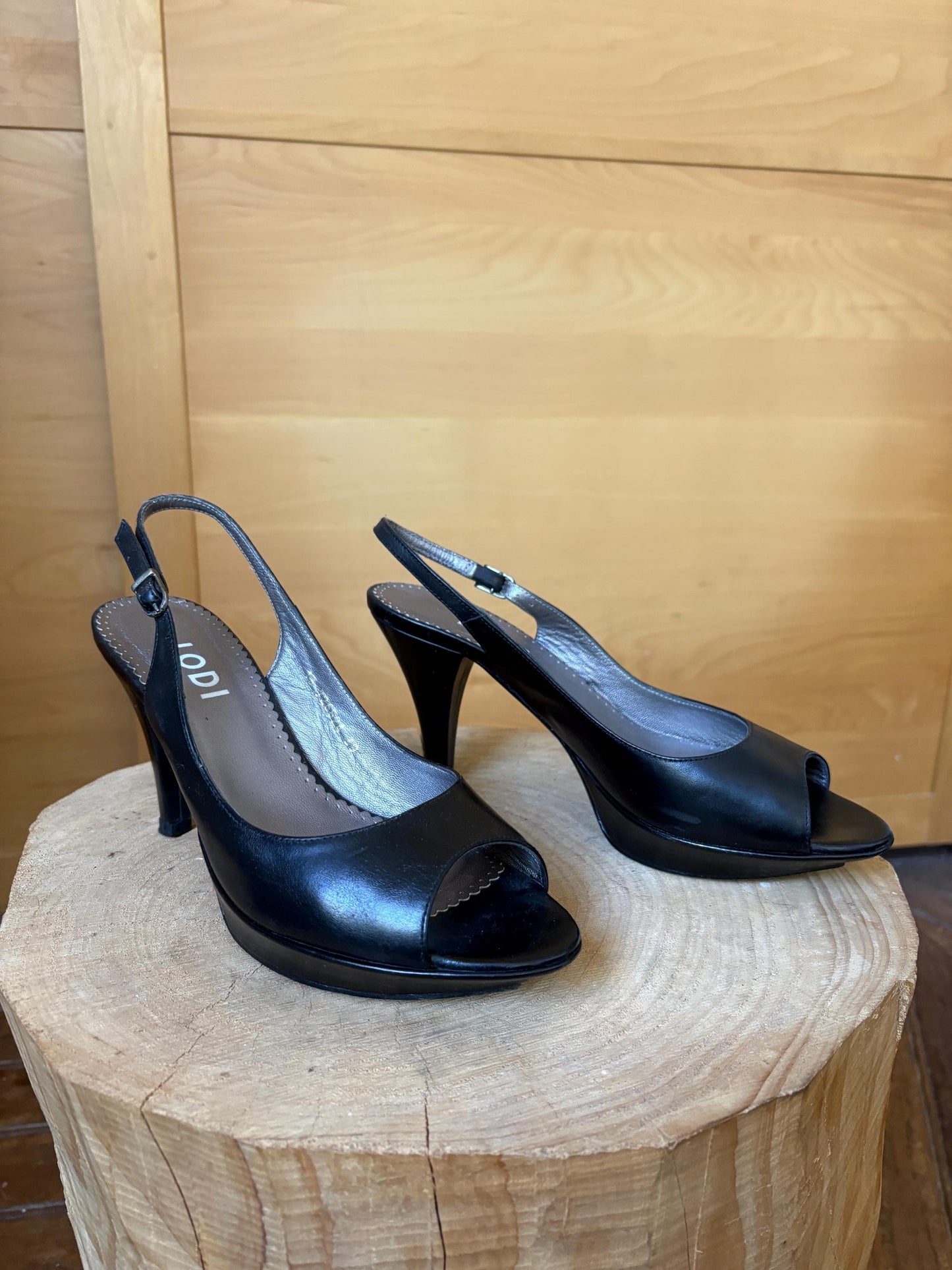 Black Leather Peep Toe Slingback Heels — additional view 14