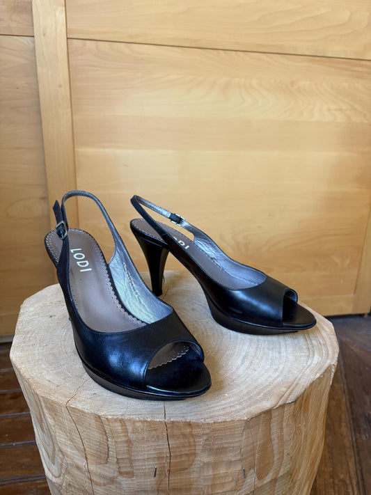 Black Leather Peep Toe Slingback Heels