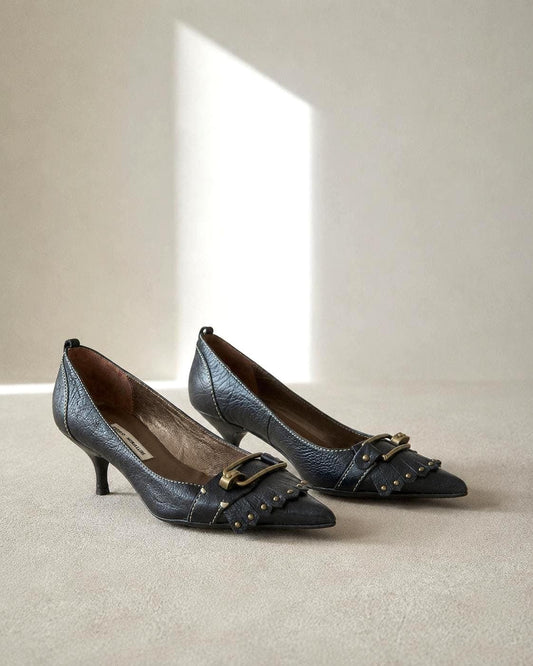 90s Black Leather Pointed Toe Heels