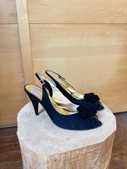 Blue Vintage Square Toe Block Heels — back view