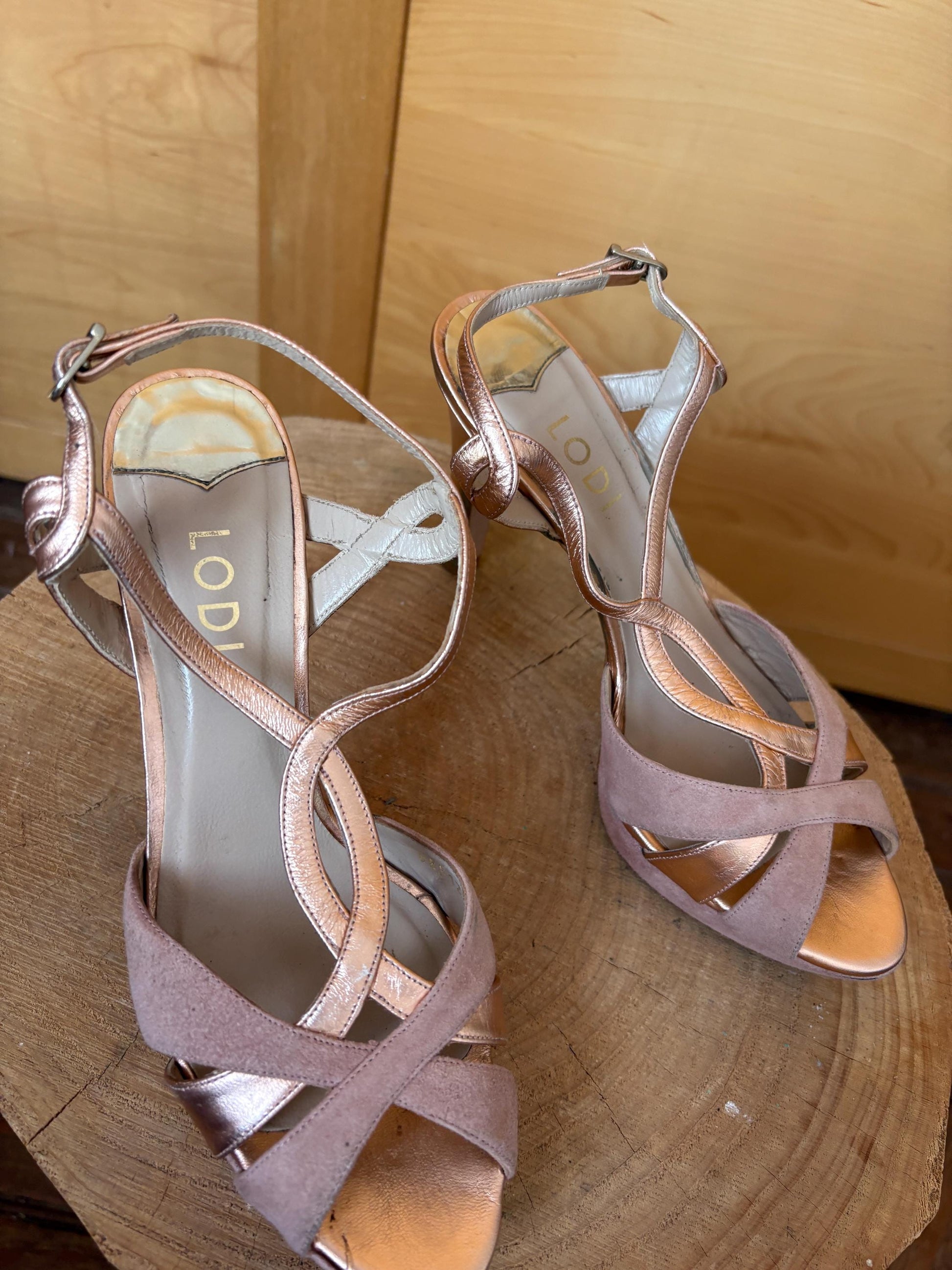 Pink Suede Platform Heels with Rose Gold Accents — additional view 11