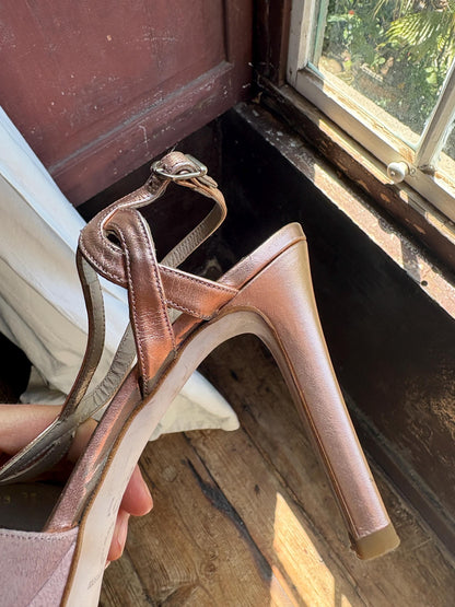Pink Suede Platform Heels with Rose Gold Accents — additional view 12