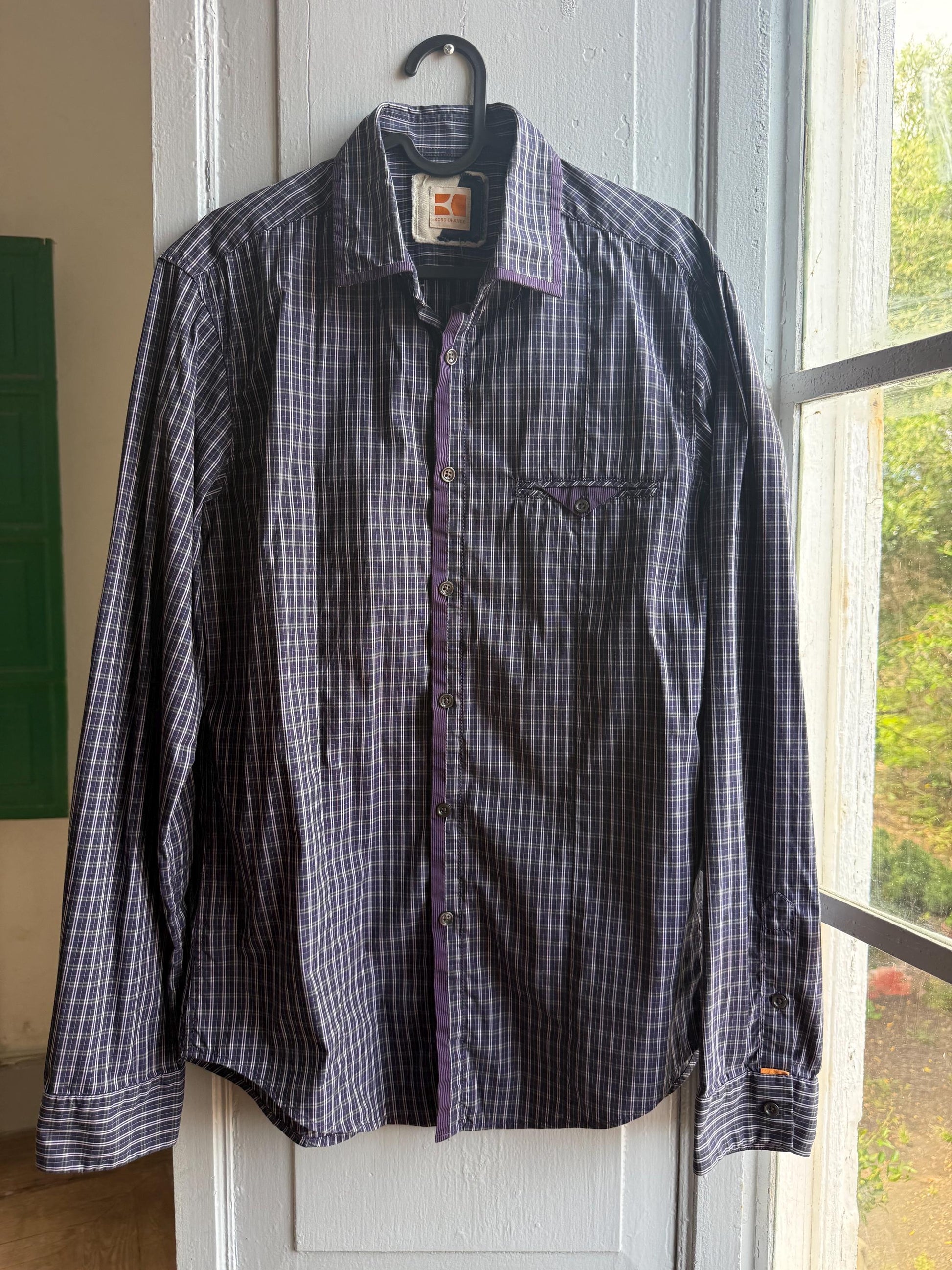 Boss Orange Purple Plaid Mens Shirt, Branded Button Down, Luxury Preppy menswear, Size M