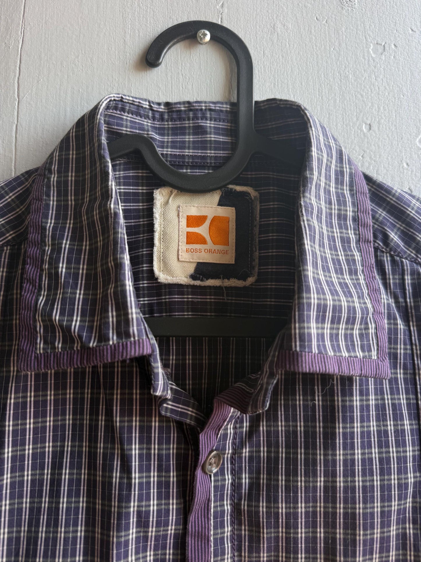 Boss Orange Purple Plaid Mens Shirt, Branded Button Down, Luxury Preppy menswear, Size M