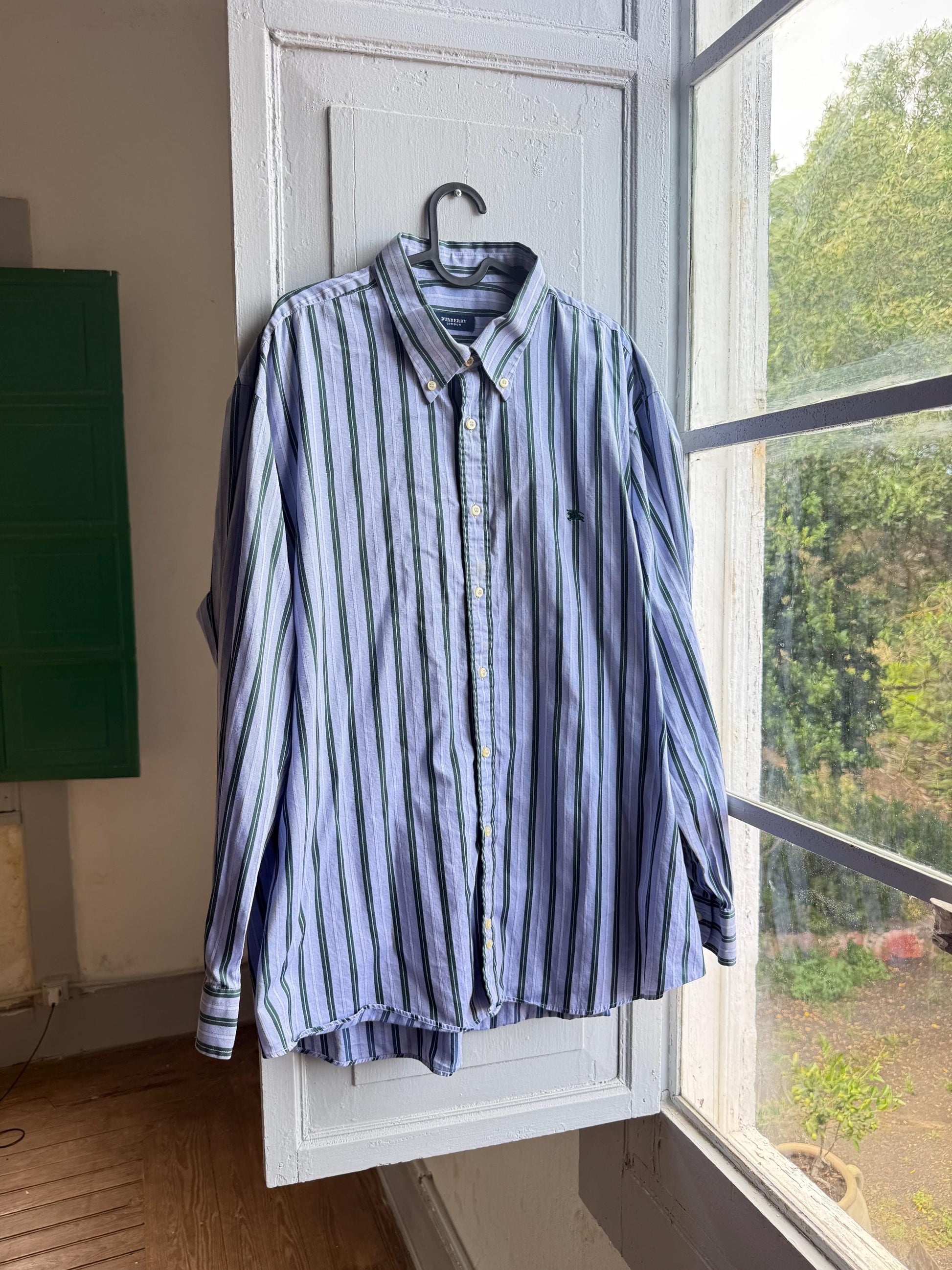 Vintage Burberry London Striped Shirt Mens Blue Button Down Luxury Cotton Old Money Designer Oversized XL
