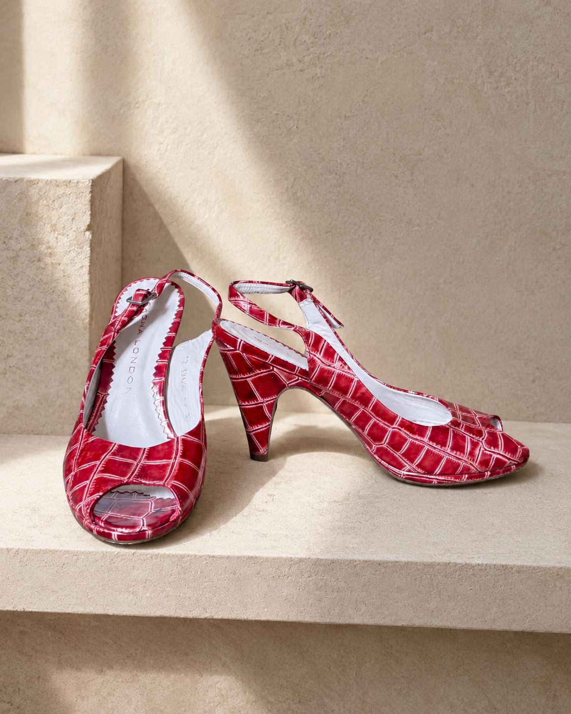 Vintage Sacha London Red Patent Heels, Peep Toe Snake Leather Shoes, Y2K Glam Made In Spain EU 37 Retro Chic