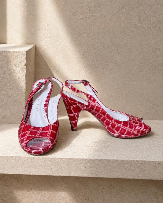 Vintage Sacha London Red Patent Heels, Peep Toe Snake Leather Shoes, Y2K Glam Made In Spain EU 37 Retro Chic