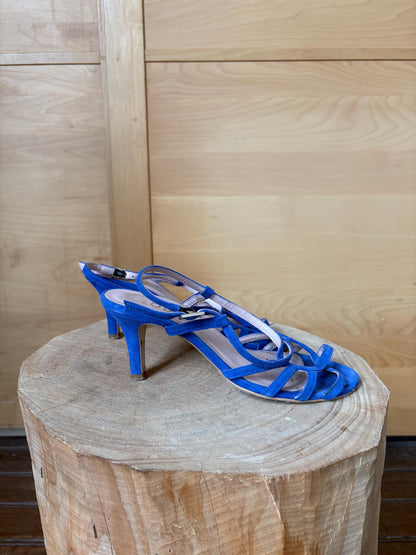 Lodi Blue Suede Sandals, Made In Spainm, Artisan designer leather Heels, Vintage Strappy Shoes, EU 37
