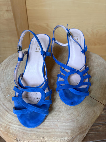 Lodi Blue Suede Sandals, Made In Spainm, Artisan designer leather Heels, Vintage Strappy Shoes, EU 37