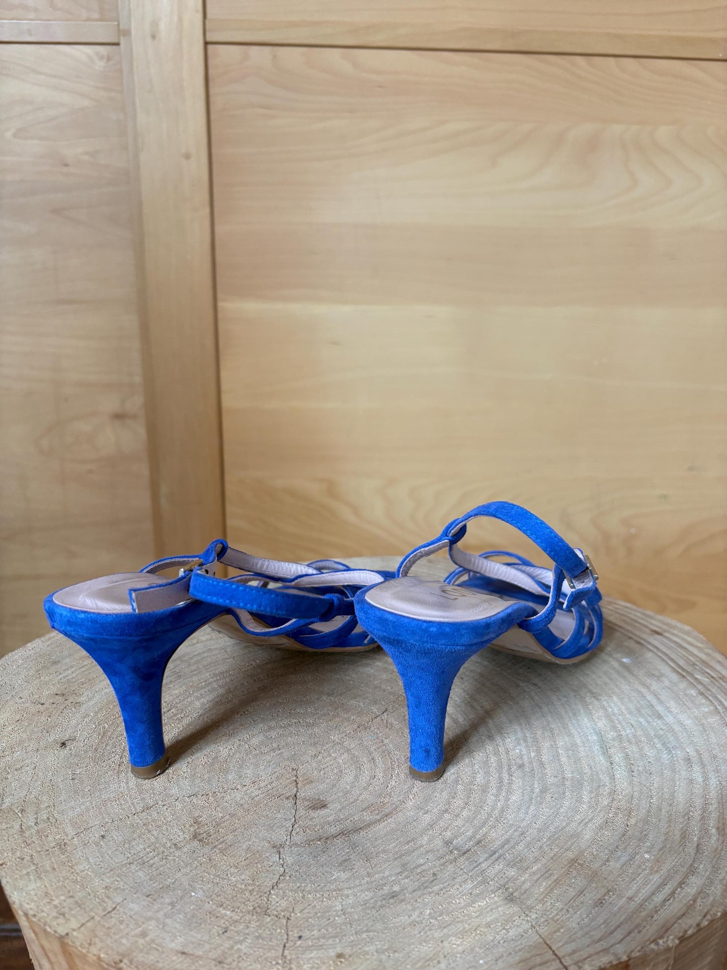 Lodi Blue Suede Sandals, Made In Spainm, Artisan designer leather Heels, Vintage Strappy Shoes, EU 37