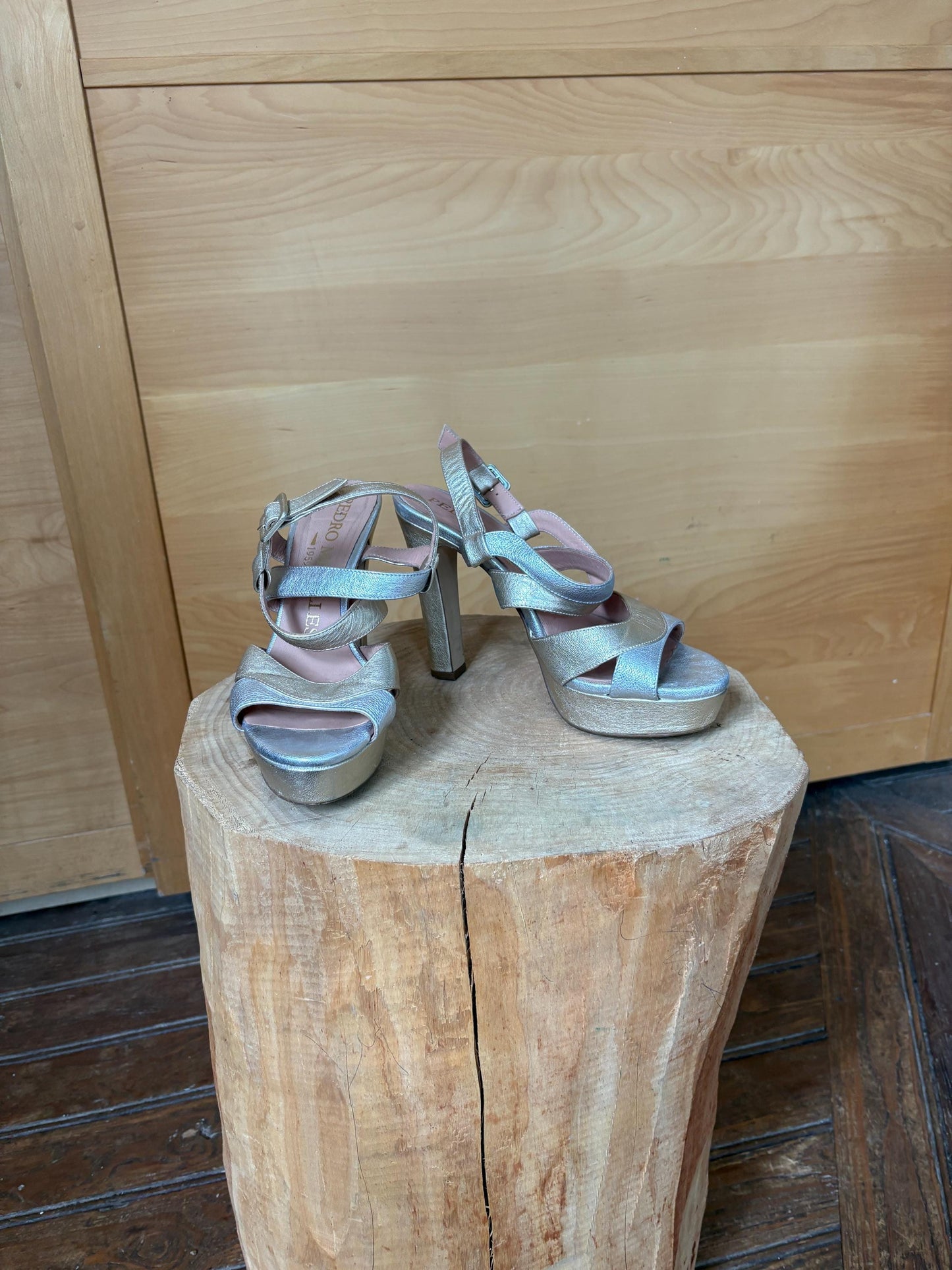 Pedro Miralles Platform Heels, Silver Gold Sandals, Luxury Designer Shoes, Made in Spainm, Y2K Party Glam, EU 38