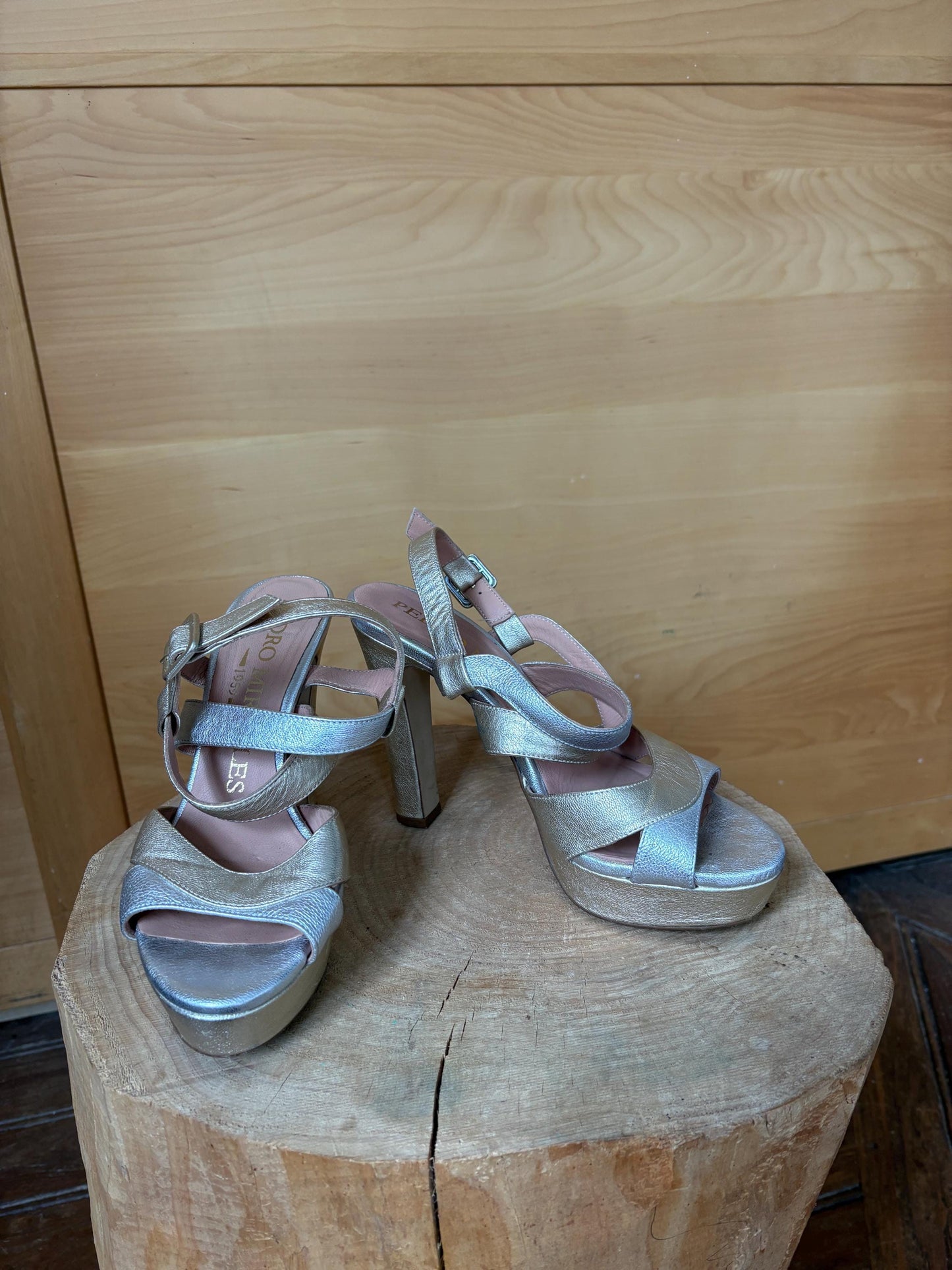 Pedro Miralles Platform Heels, Silver Gold Sandals, Luxury Designer Shoes, Made in Spainm, Y2K Party Glam, EU 38
