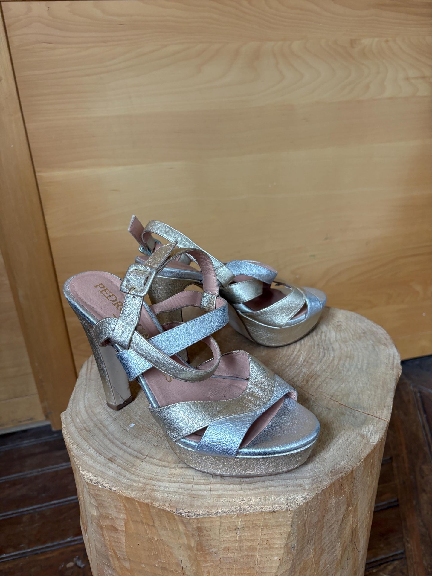 Pedro Miralles Platform Heels, Silver Gold Sandals, Luxury Designer Shoes, Made in Spainm, Y2K Party Glam, EU 38