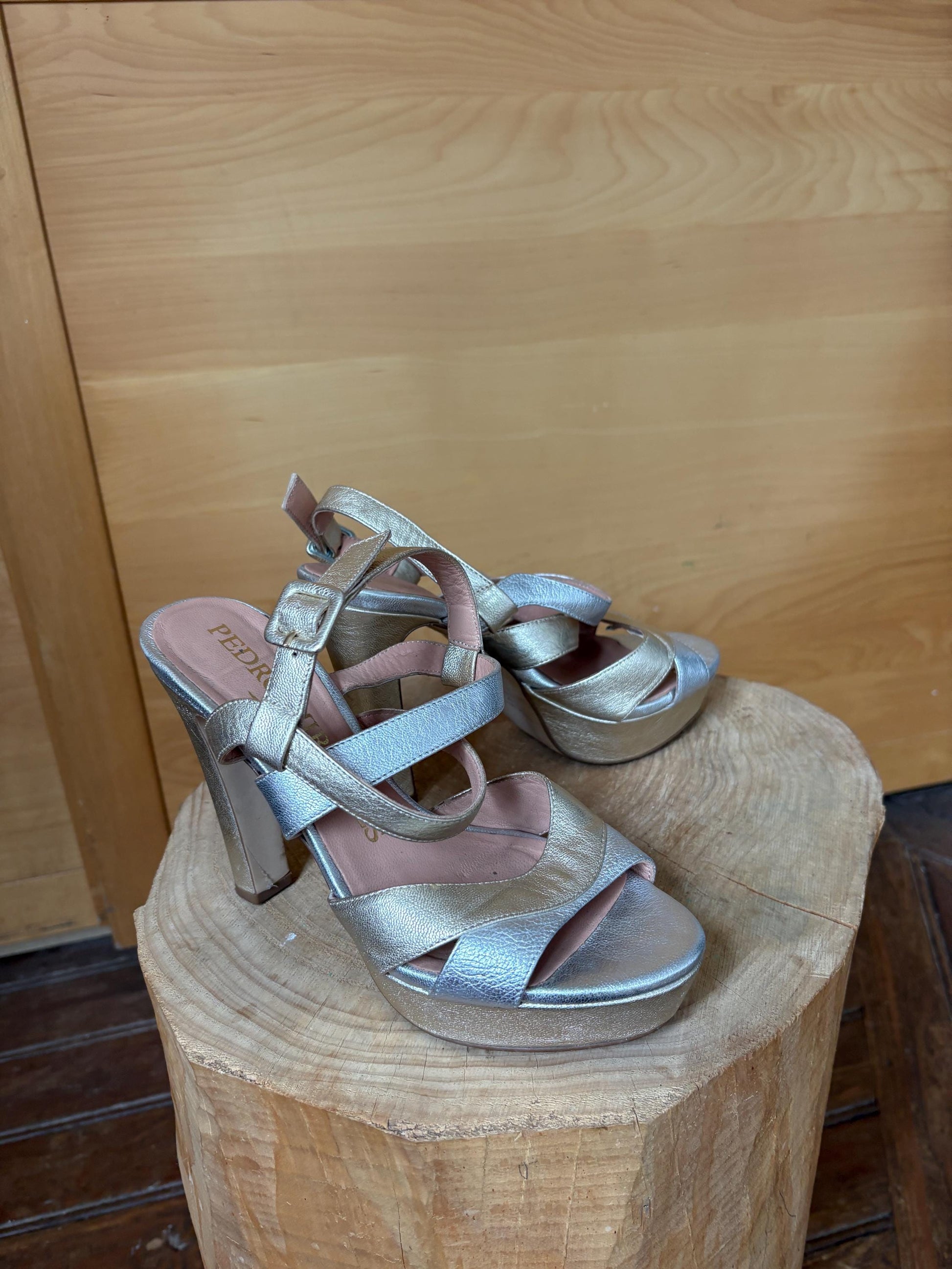 Pedro Miralles Platform Heels, Silver Gold Sandals, Luxury Designer Shoes, Made in Spainm, Y2K Party Glam, EU 38