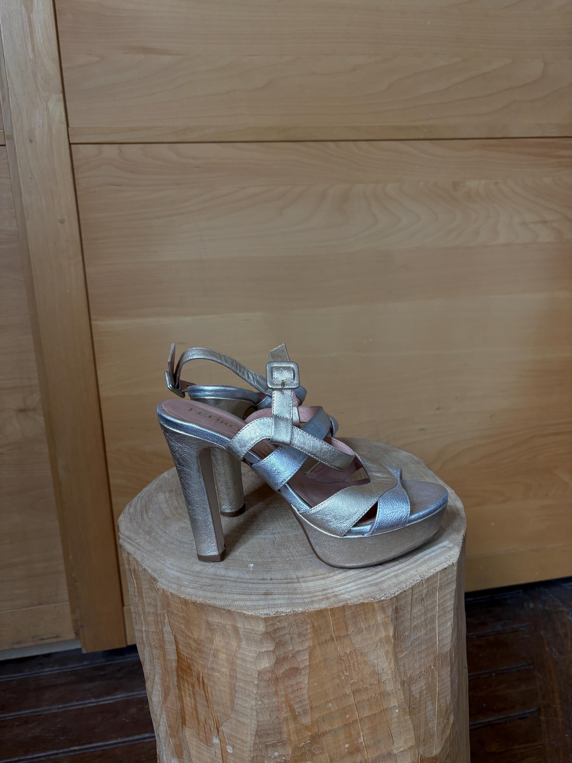 Pedro Miralles Platform Heels, Silver Gold Sandals, Luxury Designer Shoes, Made in Spainm, Y2K Party Glam, EU 38
