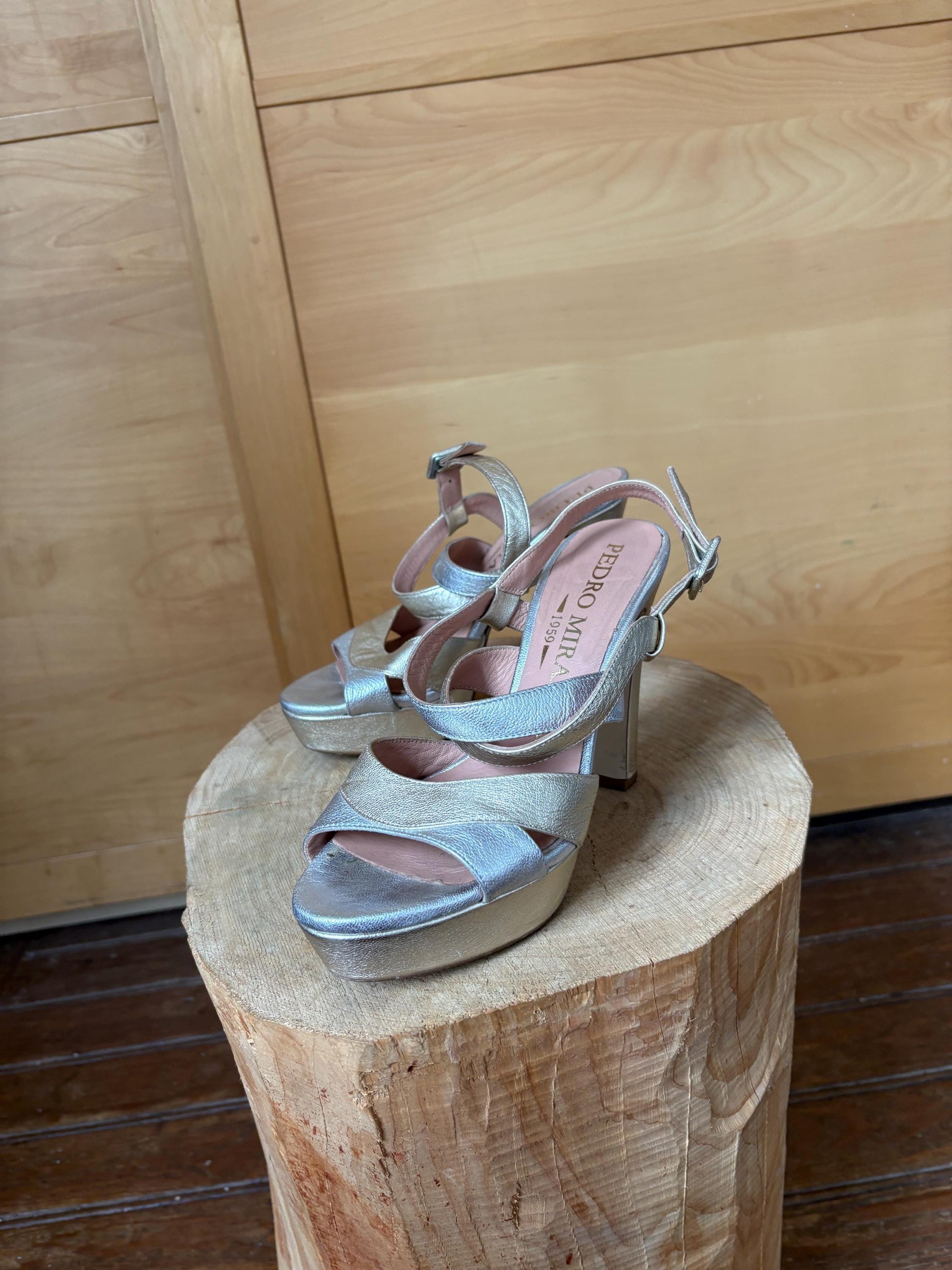 Pedro Miralles Platform Heels, Silver Gold Sandals, Luxury Designer Shoes, Made in Spainm, Y2K Party Glam, EU 38