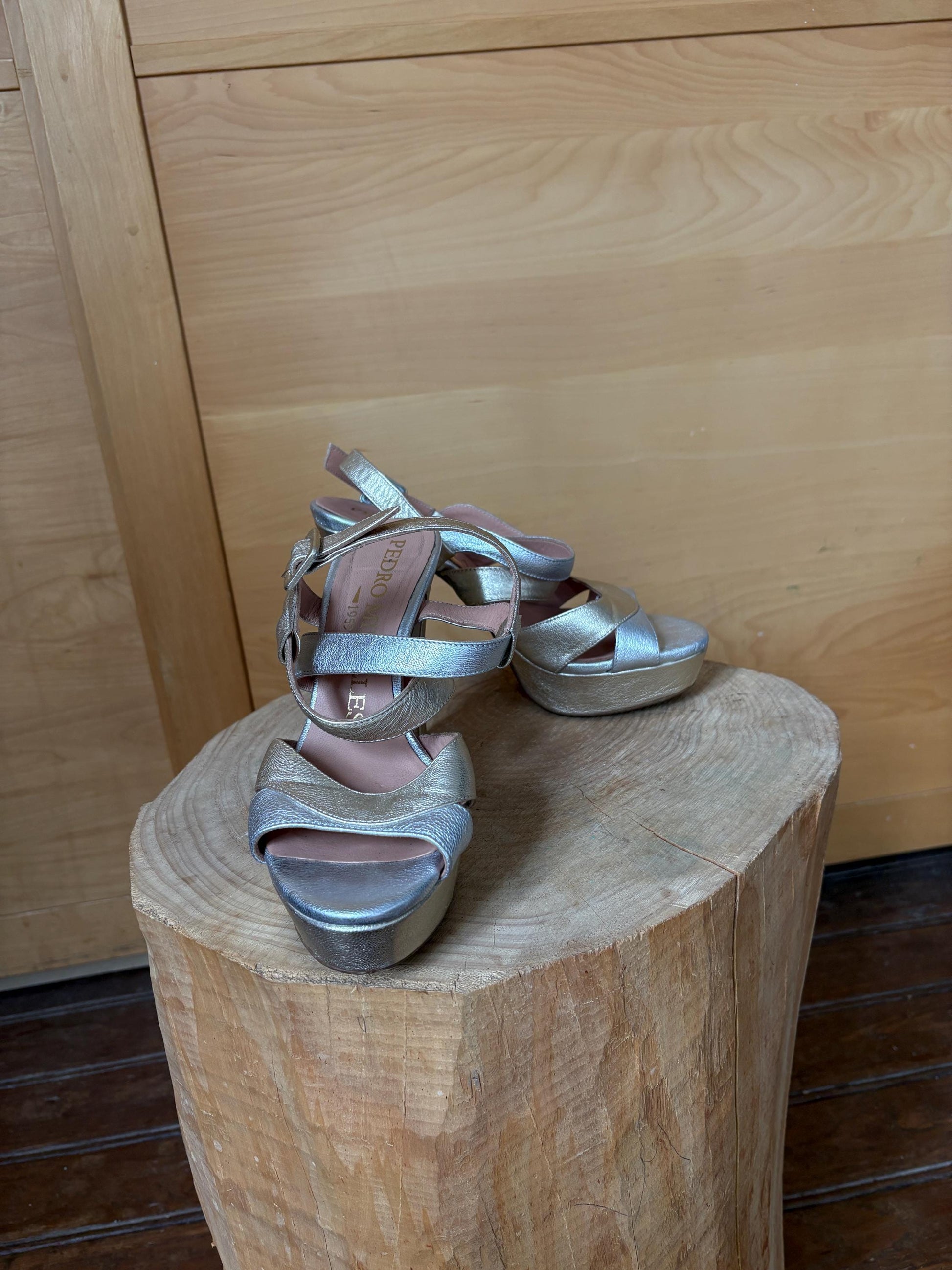 Pedro Miralles Platform Heels, Silver Gold Sandals, Luxury Designer Shoes, Made in Spainm, Y2K Party Glam, EU 38