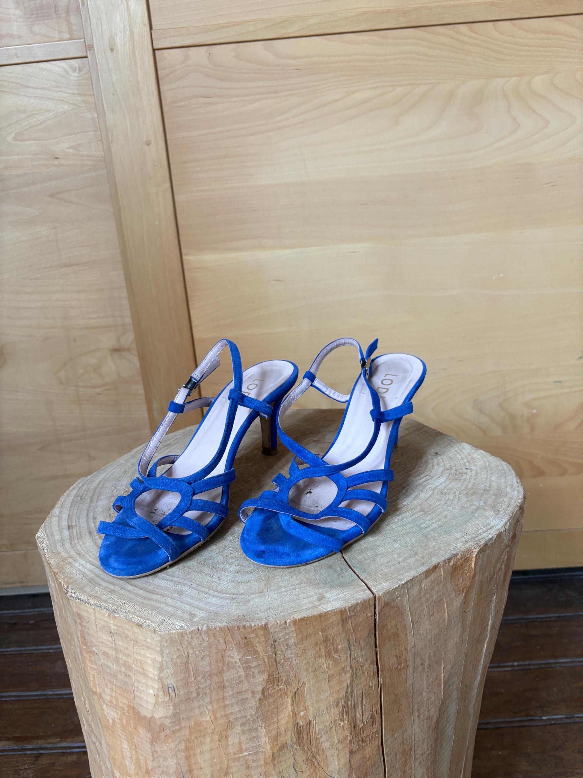 Lodi Blue Suede Sandals, Made In Spainm, Artisan designer leather Heels, Vintage Strappy Shoes, EU 37
