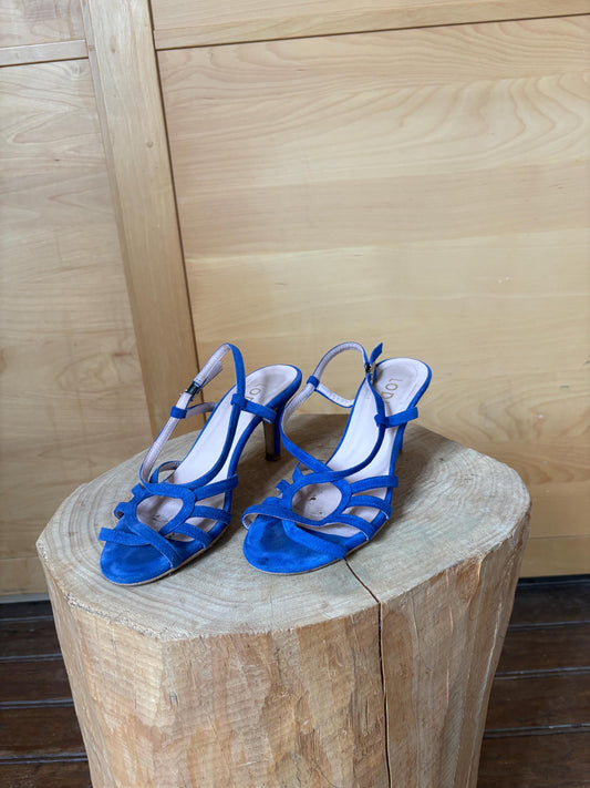 Lodi Blue Suede Sandals, Made In Spainm, Artisan designer leather Heels, Vintage Strappy Shoes, EU 37